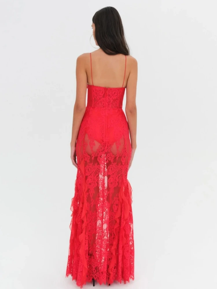 Sexy alças de espaguete renda vestido longo com colar de flores feminino vermelho sem mangas babados magro vestidos longos festa à noite cocktail