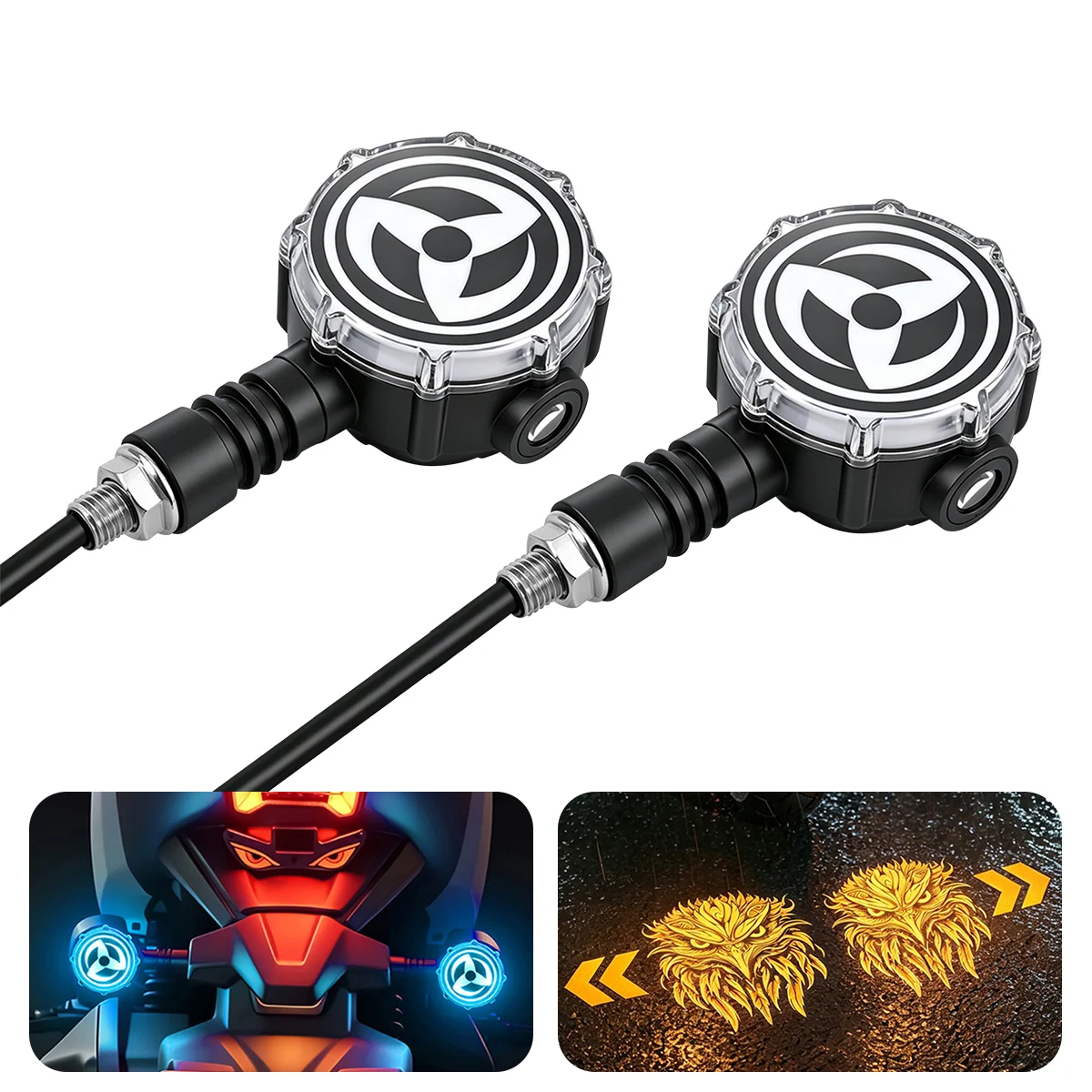 1Pair Motorcycle LED Rotating Gear Turn Signal Light With Projection Function Eagle Arrow Sequential Flowing Indicator Lamp
