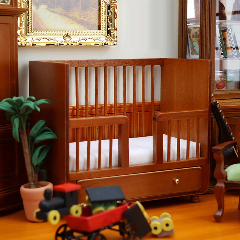 Casa de muñecas en miniatura 1:12, cuna de bebé, cama de bebé, muebles de habitación para niños, modelo de decoración, accesorios de casa de muñecas de juguete