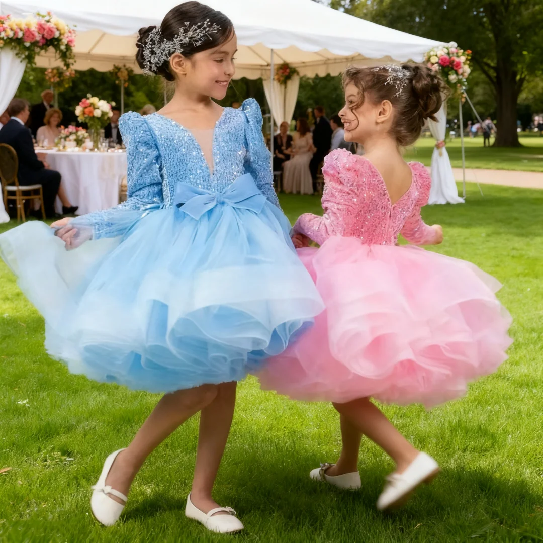 فستان فتاة الزهور اللامع من الدانتيل بأكمام طويلة بطول الركبة فستان الأميرة لحفلات الزفاف وأعياد الميلاد ومهرجانات التجميل والحفلات