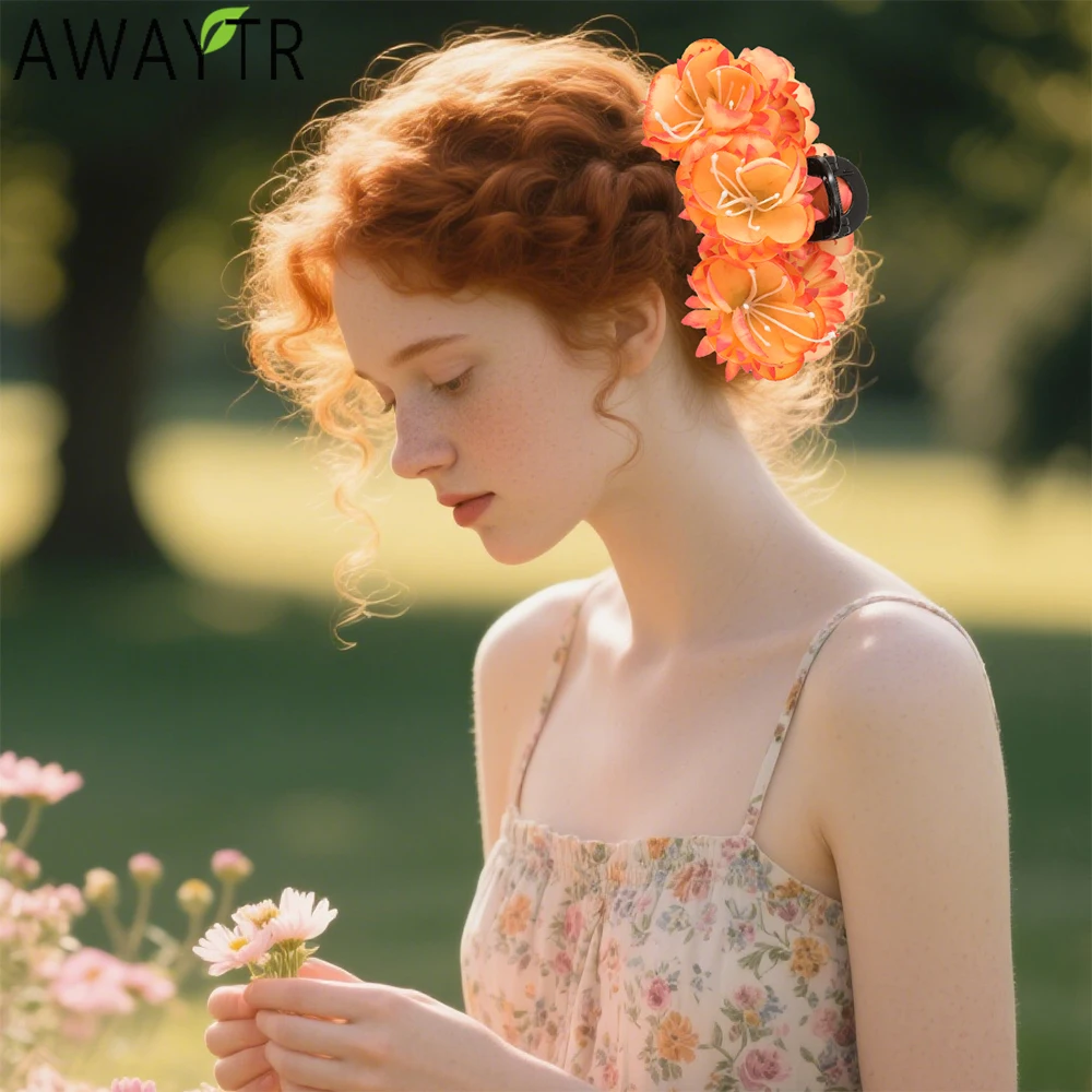 

AWAYTR Artificial Orange Camellia Hair Claws Fashion Floral Hair Clip Crab For Girl Gift Hair Accessories Valentine Headwear