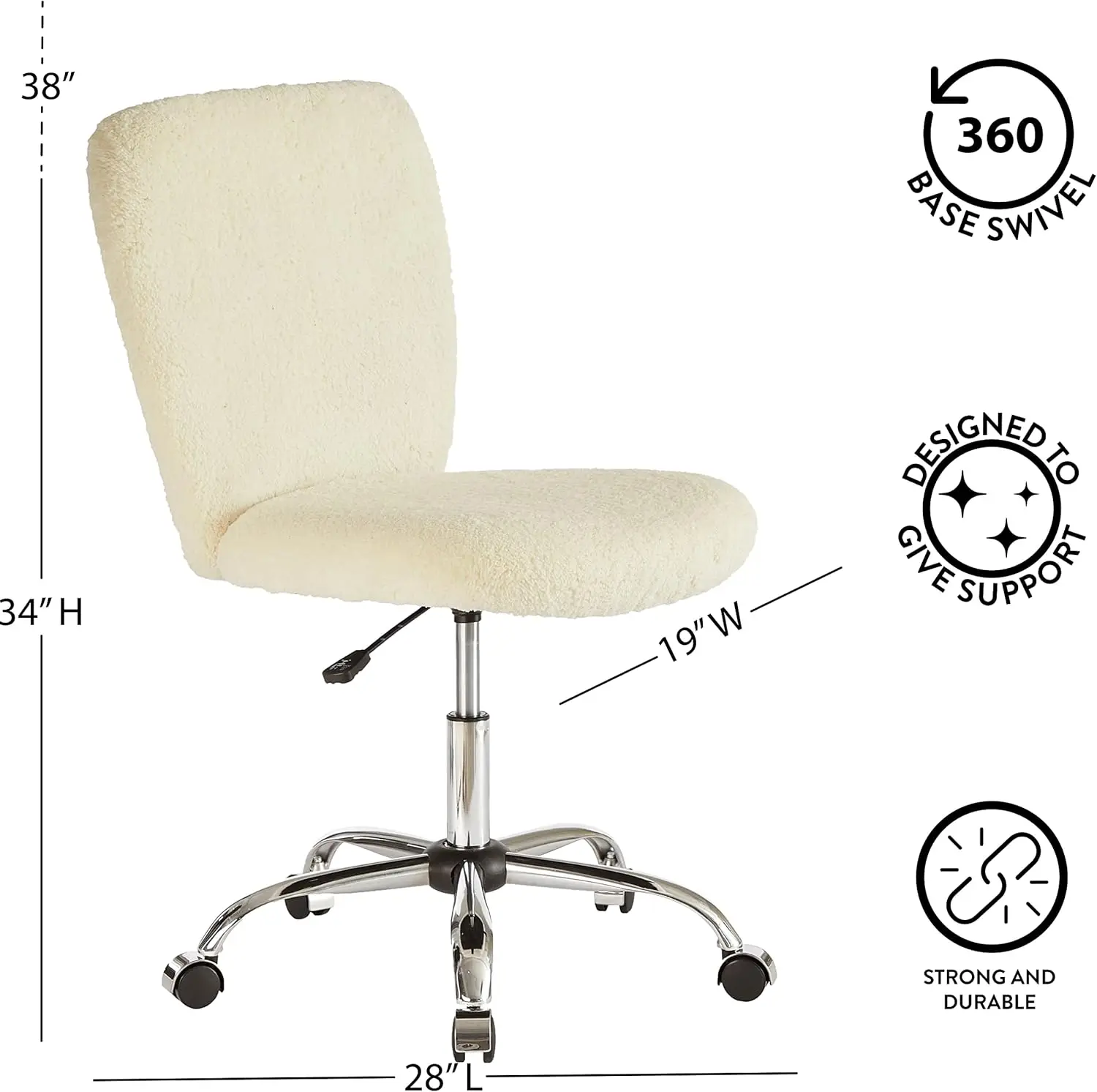 

Mongolian Faux Fur Task Chair, Adjustable, 28D X 19W X 34H In For Office, Ivory