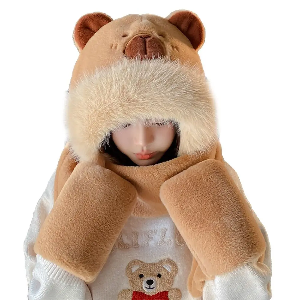 Earmuff 3 in 1 Capybara Hat Scarf Set Panda Cartoon Furry Scarf Cap Set Casual Fluffy Cartoon Plush Hat Lady