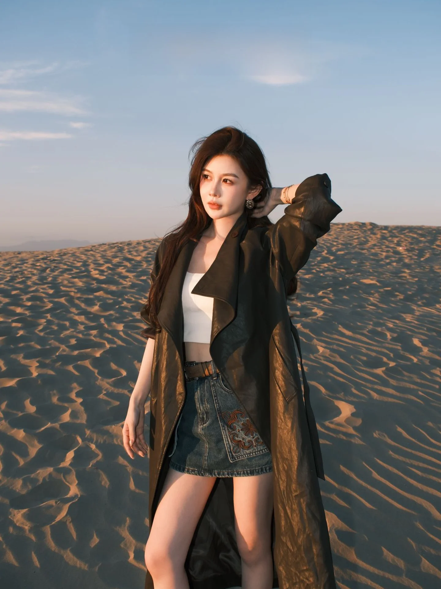 

AZZHEN High Collar Loose Slimming Long Leather Coat Women's Ele Outerwear Autumn Vintage Sle Faionable Jaet