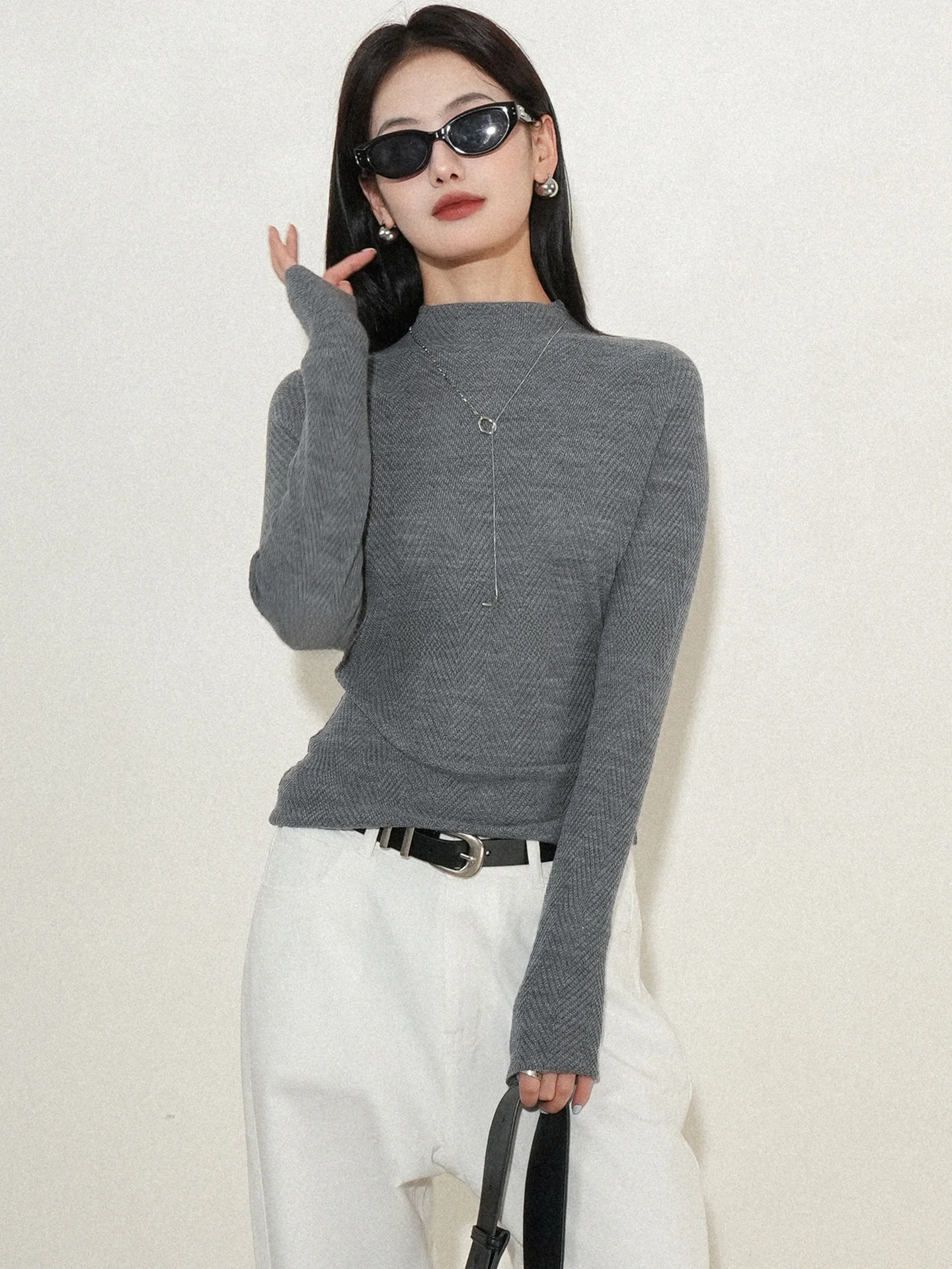 

QCEO Premium Fibone Pattern Knitted Sweater f High Collar Sl Base Layer Inner Wear Women's Autumn Winter Top