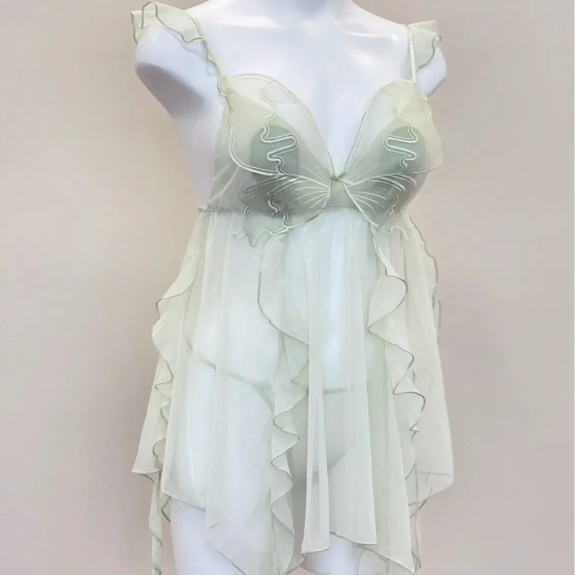 Conjunto de pijama de Streamer de mariposa para mujer, ropa de dormir, lencería Sexy, camisón de perspectiva de encaje de malla