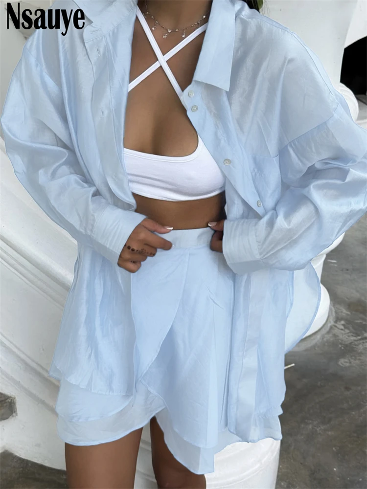 Nsauye Sexy femmes Club à manches longues chemise hauts Mini fête décontracté mode été plage couvrir jupe tenues deux pièces ensemble 2025