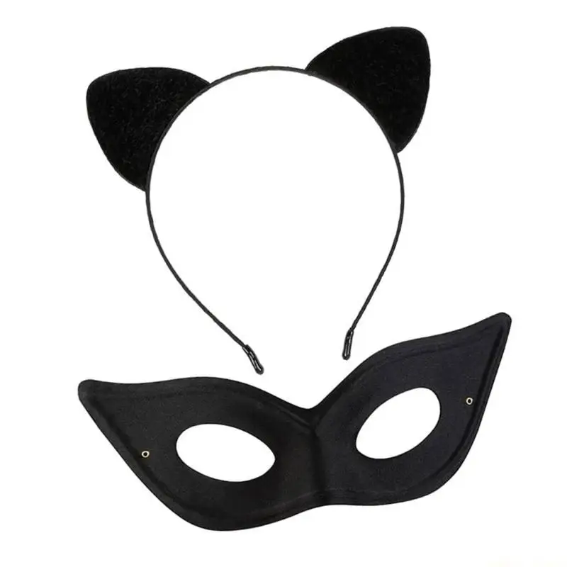 31BF Zachte zwarte kattenoren hoofdband en maskerset voor meisjes Dames Cosplay Evenementkostuumfeesten