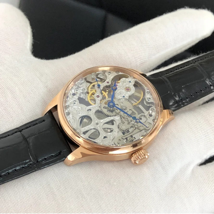41mm 6497 Skeleton Watch GERRVO No Logo St3600SK Hollow Out Manual Winding Movement 21,600 Dph Rose Gold Case Men's Pilot