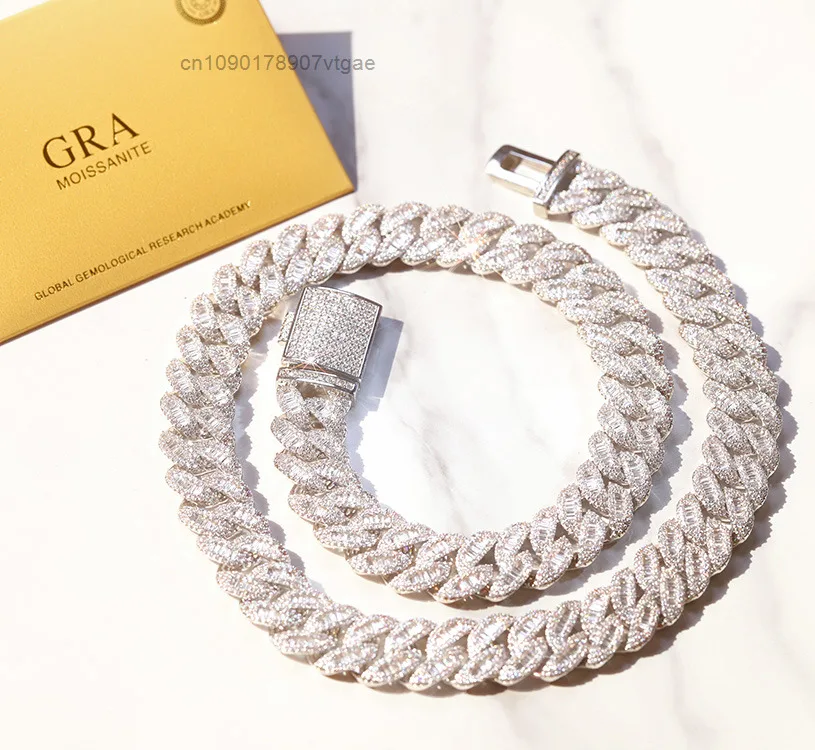 Gems XINGGUANG Customized 15mm Cuban Link Chain 925 Sterling Silver with baguette Moissanite Bling Diamond Hip Hop Necklace.