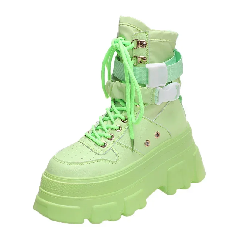 

7CM Green Punk Chunky Platform Motorcycle Boots Women Autumn Winter Gothic Shoes Woman Thick Bottom Lace Up Ankle Botas Mujer