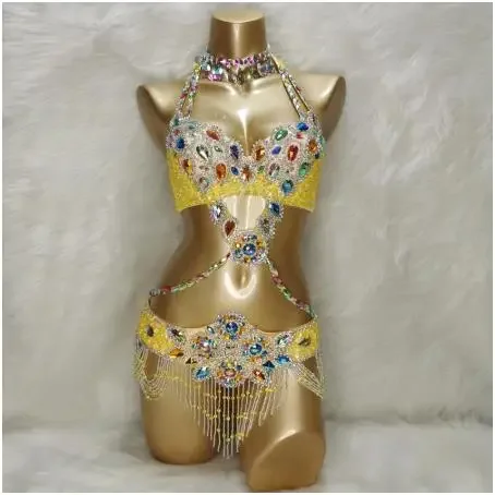 Ensemble de olympiques de danse du ventre pour femmes, soutien-gorge, ceinture, collier, vêtements de spectacle sur scène, cristal de Bellyylene trempé, vêtements sexy, 3 pièces