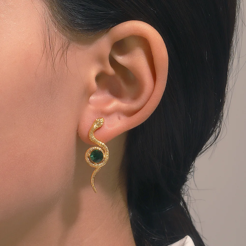 Gold Color Personality Punk Geometric Snake Earstud Earrings Exaggerated Green Zircon Fine Fashion Jewelry Gifts