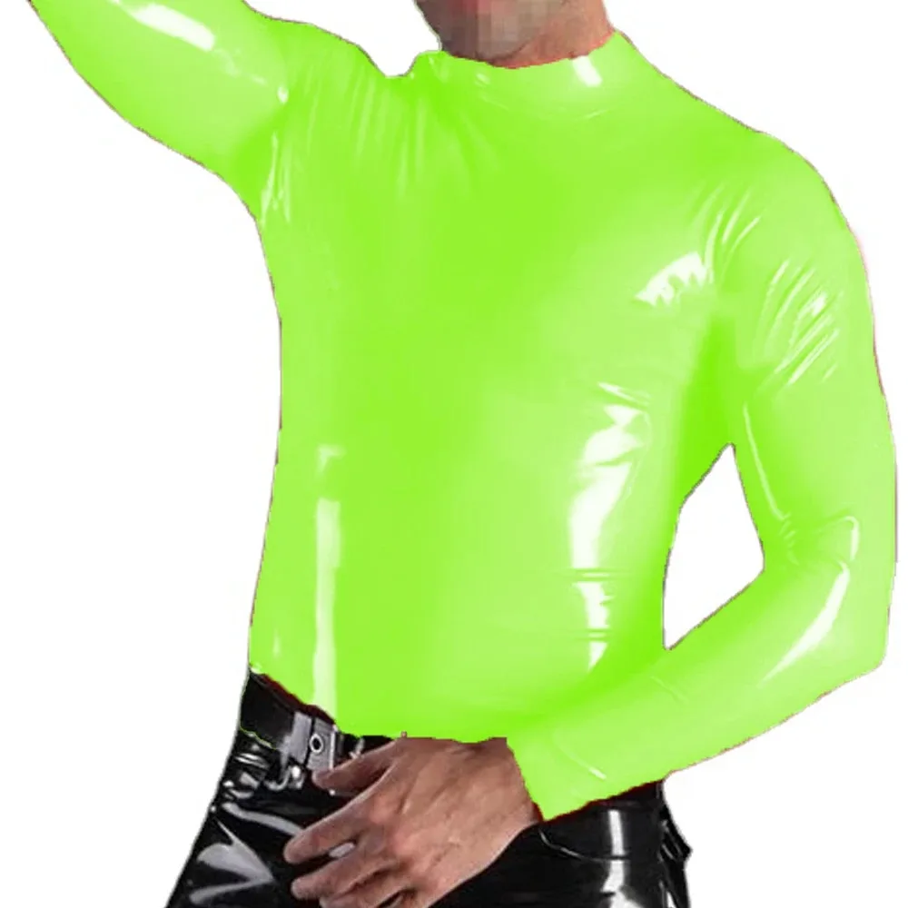 Long Sleeve Man Top Sheath Blouse T-Shirts Clubwear Wetlook PVC Leather Tight T-Shirts Nightclub Party Faux Latex Men Clothing