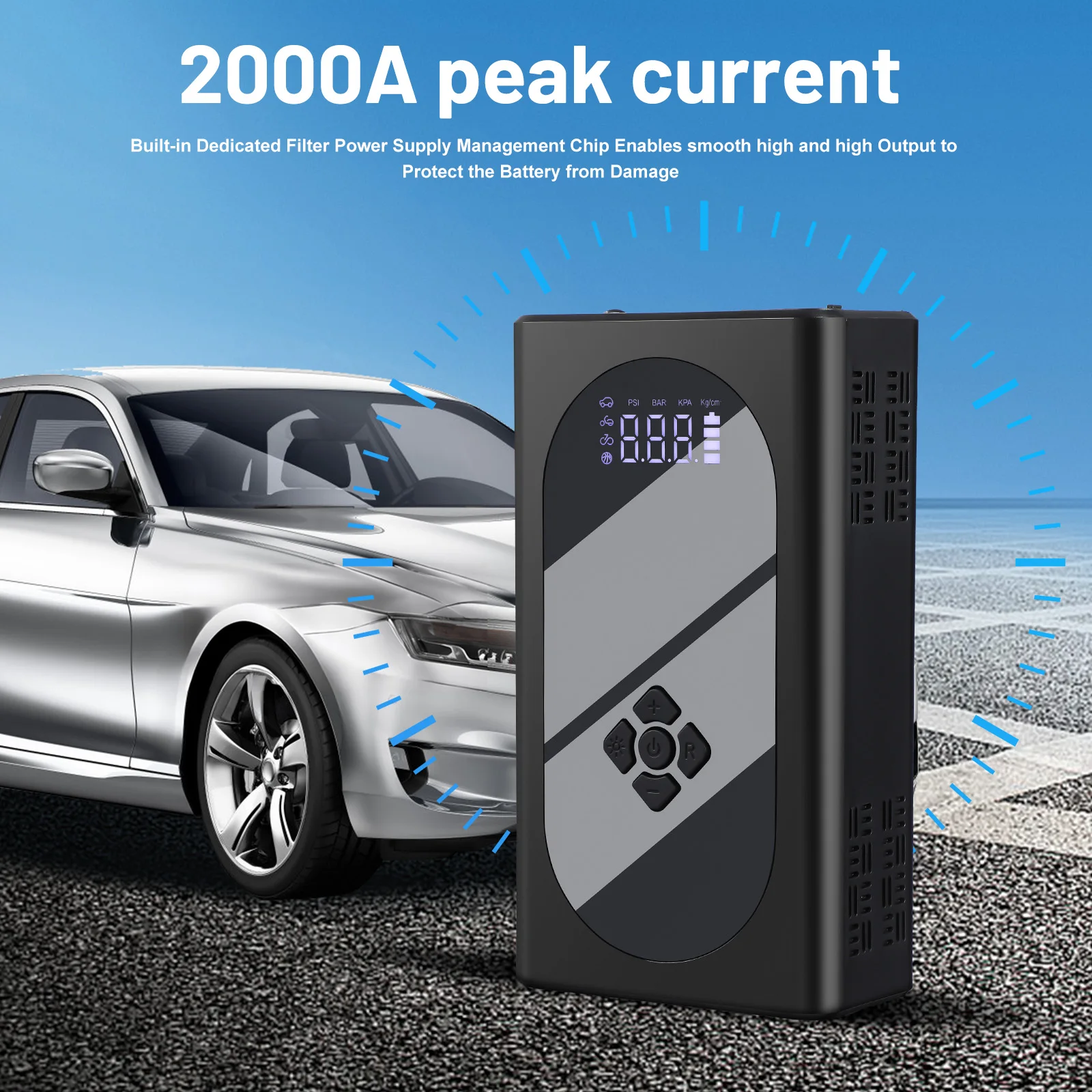 

12V Car Jump Starter Portable Emergency Power Supply Tire Inflator Digital Display LED Flashlight Safe Operation Vehicle Booster