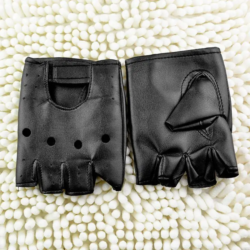 39BC Men Women Fingerless Driving Faux Leather Gloves Motor Cool Black Wrist Mittens