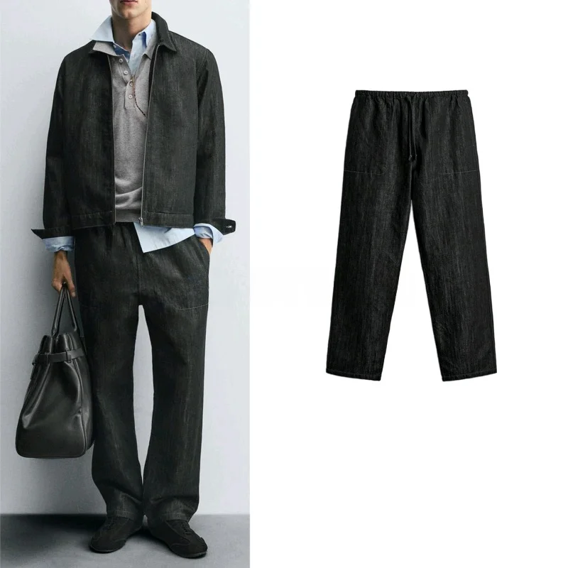 

Повседневные мужские джинсы из смеси хлопка, свободный крой для бега, эластичная талия, свободные повседневные джинсовые брюки с высокой талией, застежка-молния...