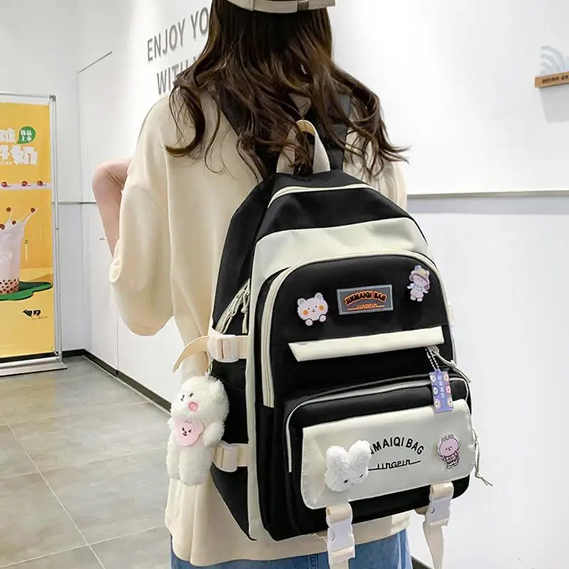 Rucksack Combo für Schule Kawaii Schule Rucksack Kit mit Bär Anhänger Puppe 5-teilige Mädchen Daypack Rucksack Set Oxford Leinwand Schule