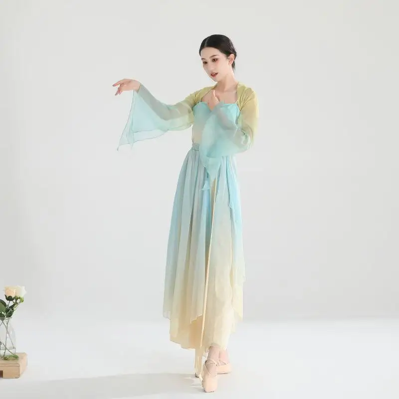 Classical dance attire, women's flowing gauze clothing, dance practice attire, women's body charm, immortal spirit, chiffon top,