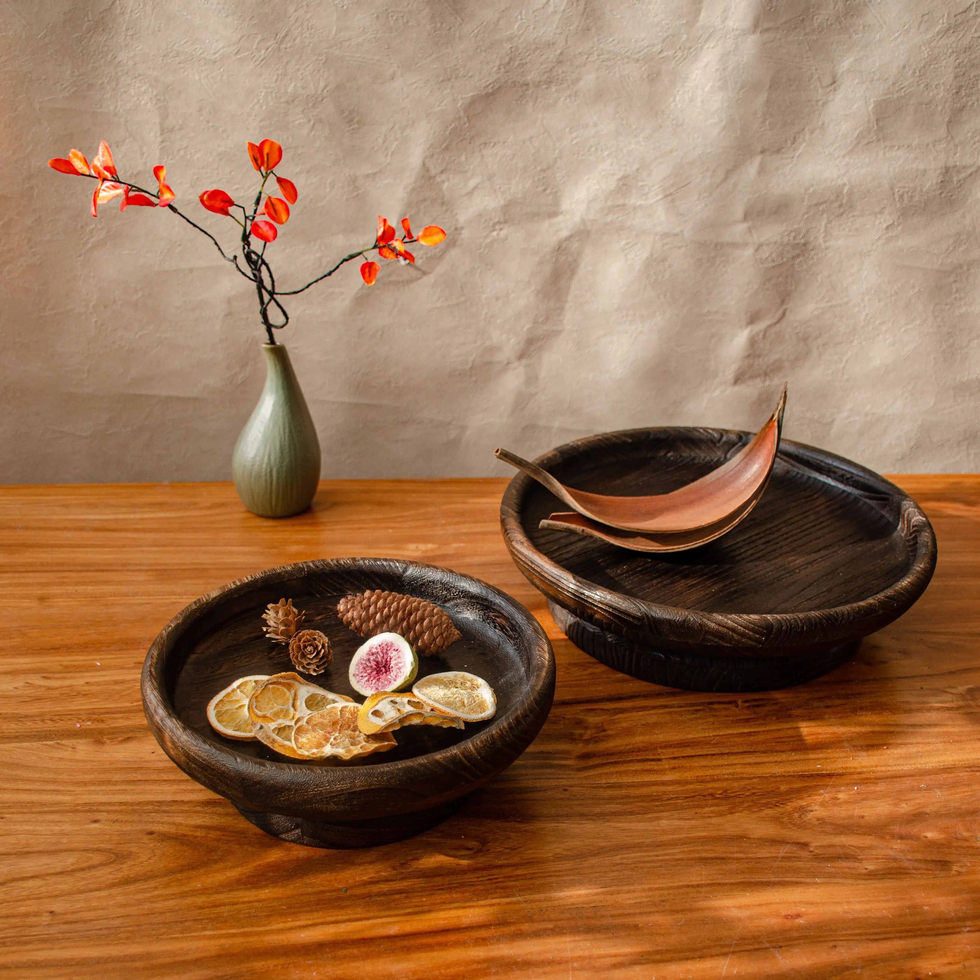 Solid Wood Fruit Bowl, Chinese Vintage Buddha’s Hand Tray, Handcrafted Tea House Snack Dish, Terracotta Nut Bowl for Home Decor