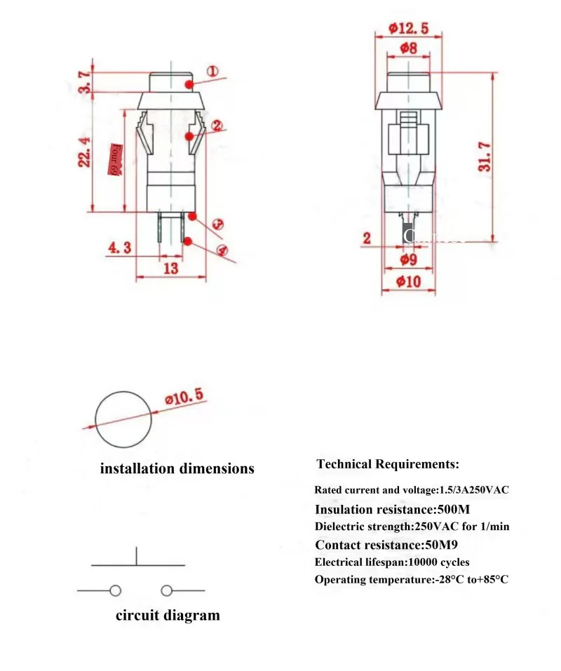 10 Stück DS-211/213 runde Drucktaster, mit Verriegelungs- und Selbstverriegelungsfunktion, ohne Verriegelung, selbst zurückstellender kleiner Drucktaster, Lochdurchmesser 10 mm. – Detail 9