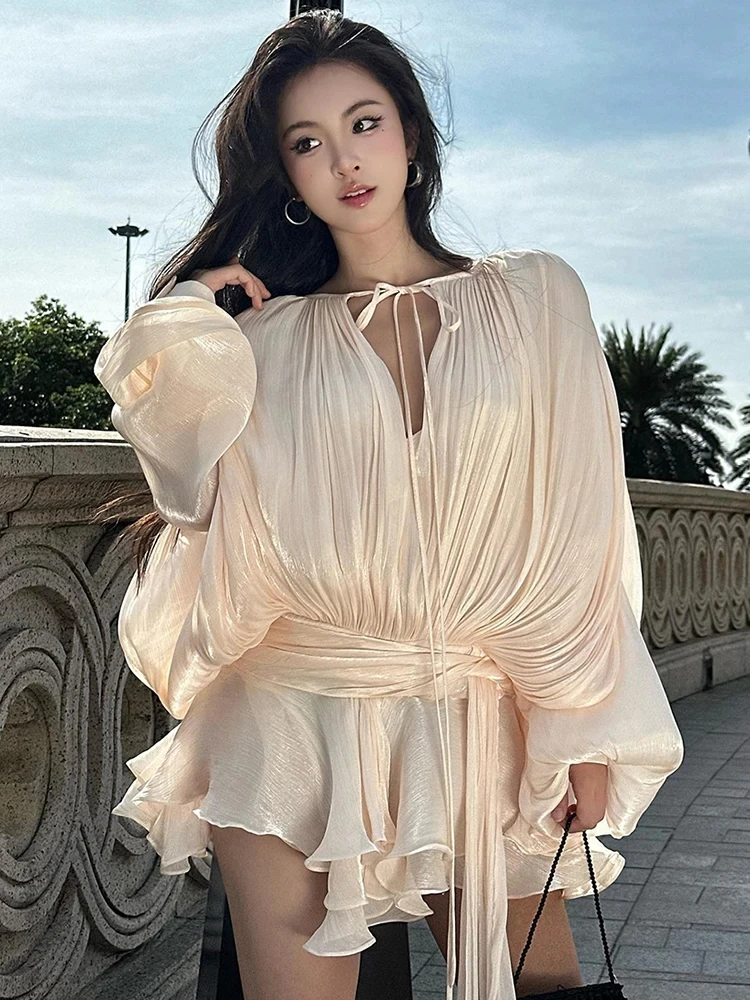 

TWOTWINSTYLE Elegant Ruched Mini Dress For Women Round Neck Lantern Long Sleeve High Waist Temperament Dresses Female Fashion