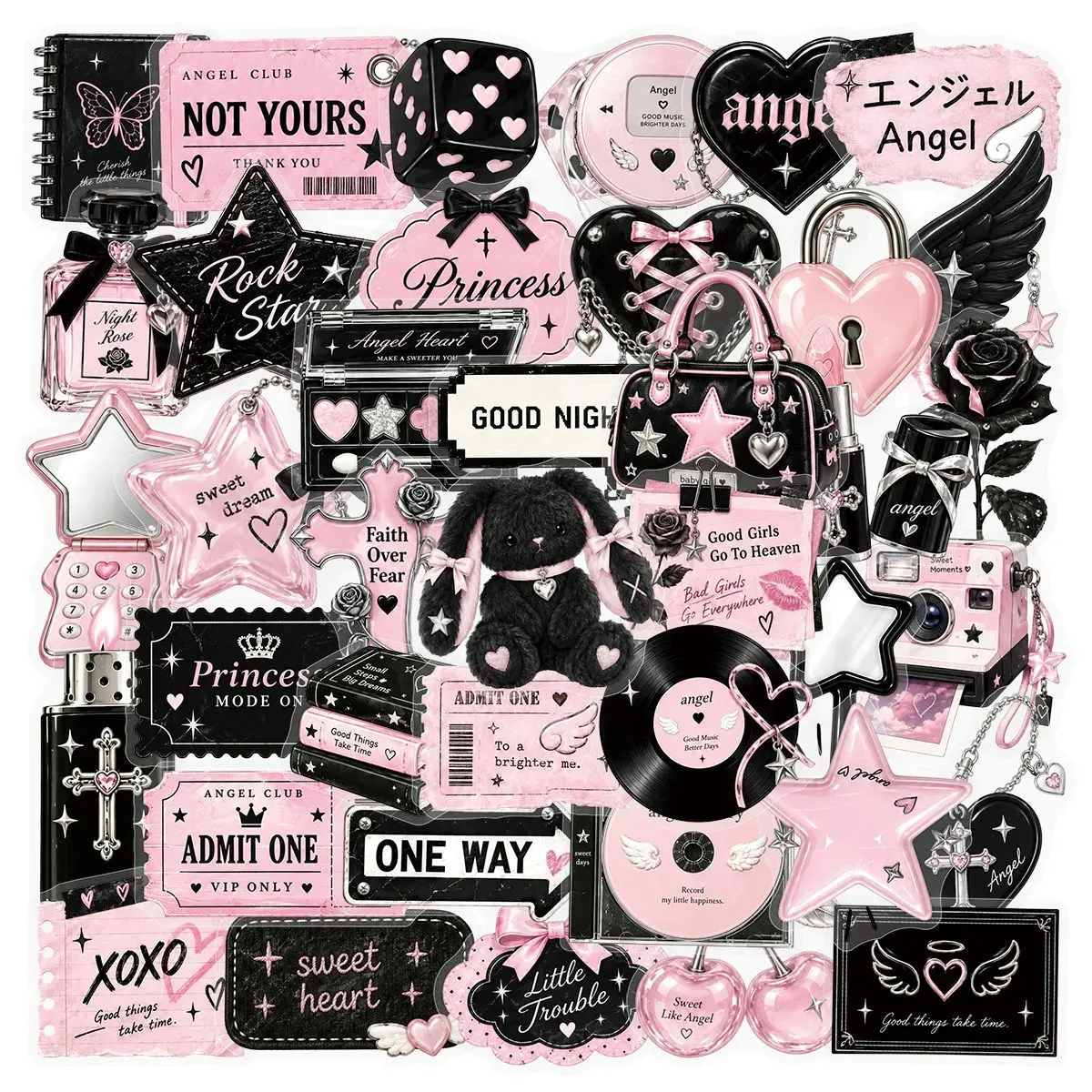 50Pcs Black Pink Sweet Cool Angel Y2K Stickers Waterproof DIY Scrapbook Journal Phone Case Decoration Sticker Pack Wholesale