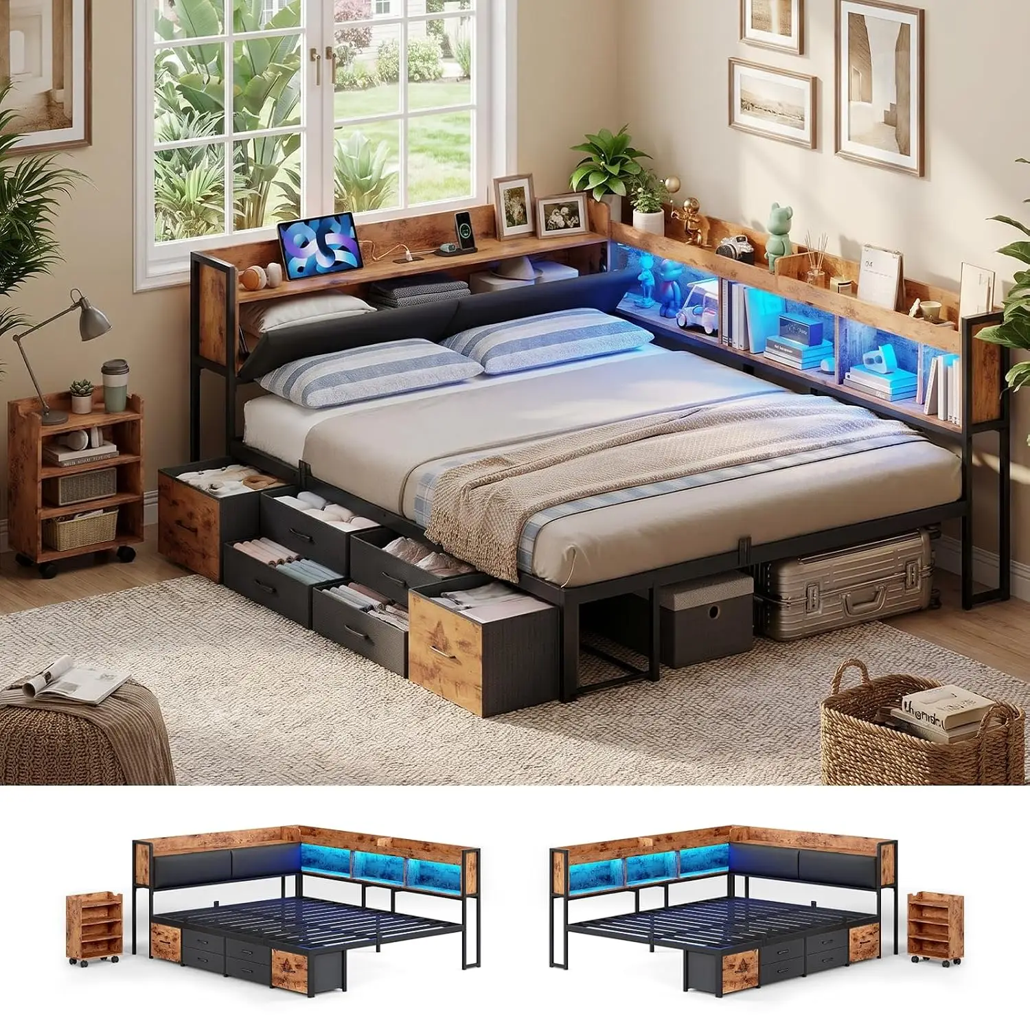 Full Corner Bed Frame with Bookcase and Hidden Storage & Pull-Out Cabinet-14 Inch Metal Full Size Bed Frame with 6, Customized