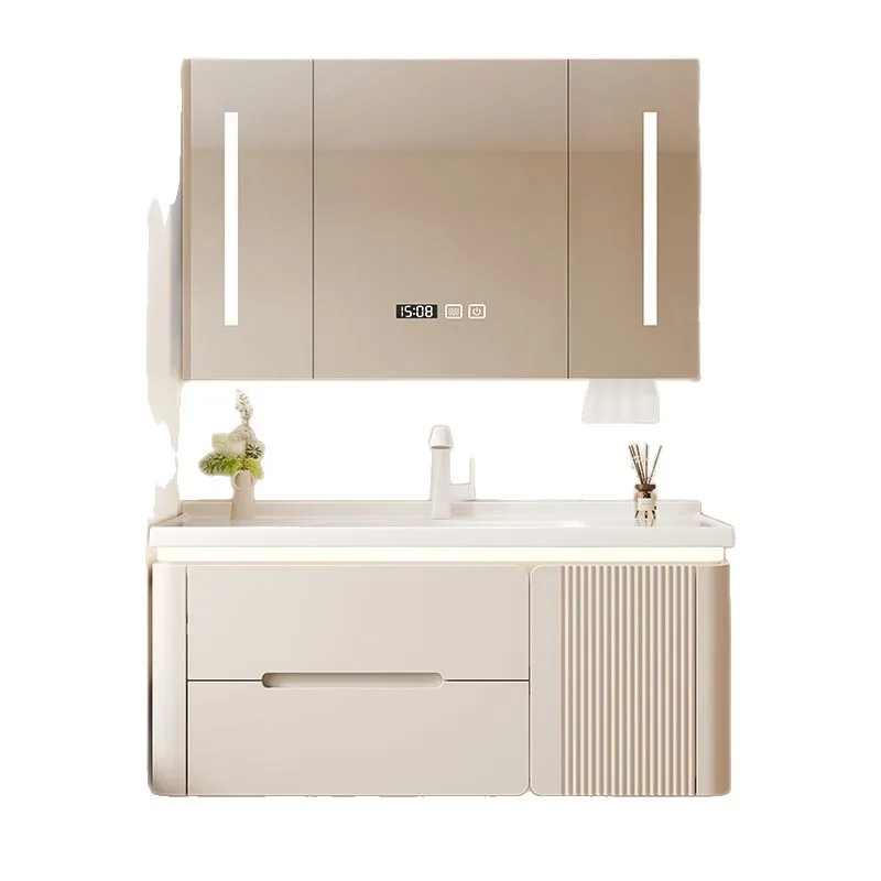 Oak door panel cream wash basin cabinet combination bathroom cabinet ceramic integrated basin bathroom washbasin induction