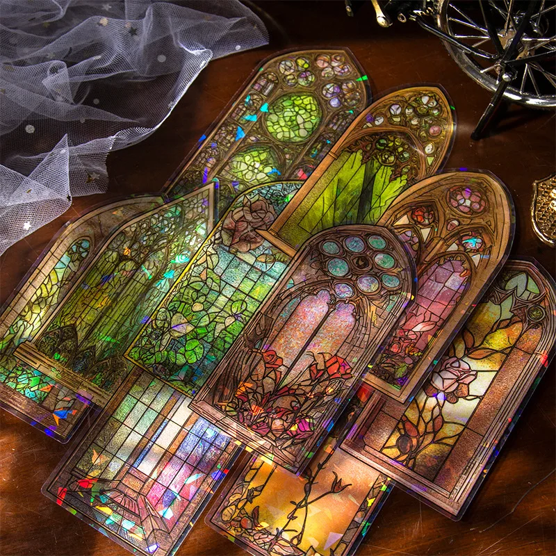 10pcs Vintage Stained Glass PET Stickers, Gothic Window Journal Decorations, Retro Scrapbooking Supplies view 2