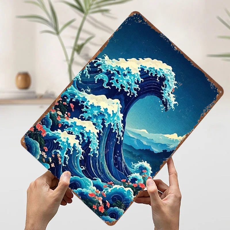 موجة عظيمة مع الزهور والجبال ملصق معدني جدار الفن من الجداريات علامات القصدير المعدنية القابلة للتخصيص لتزيين جدران الفن الرجعية