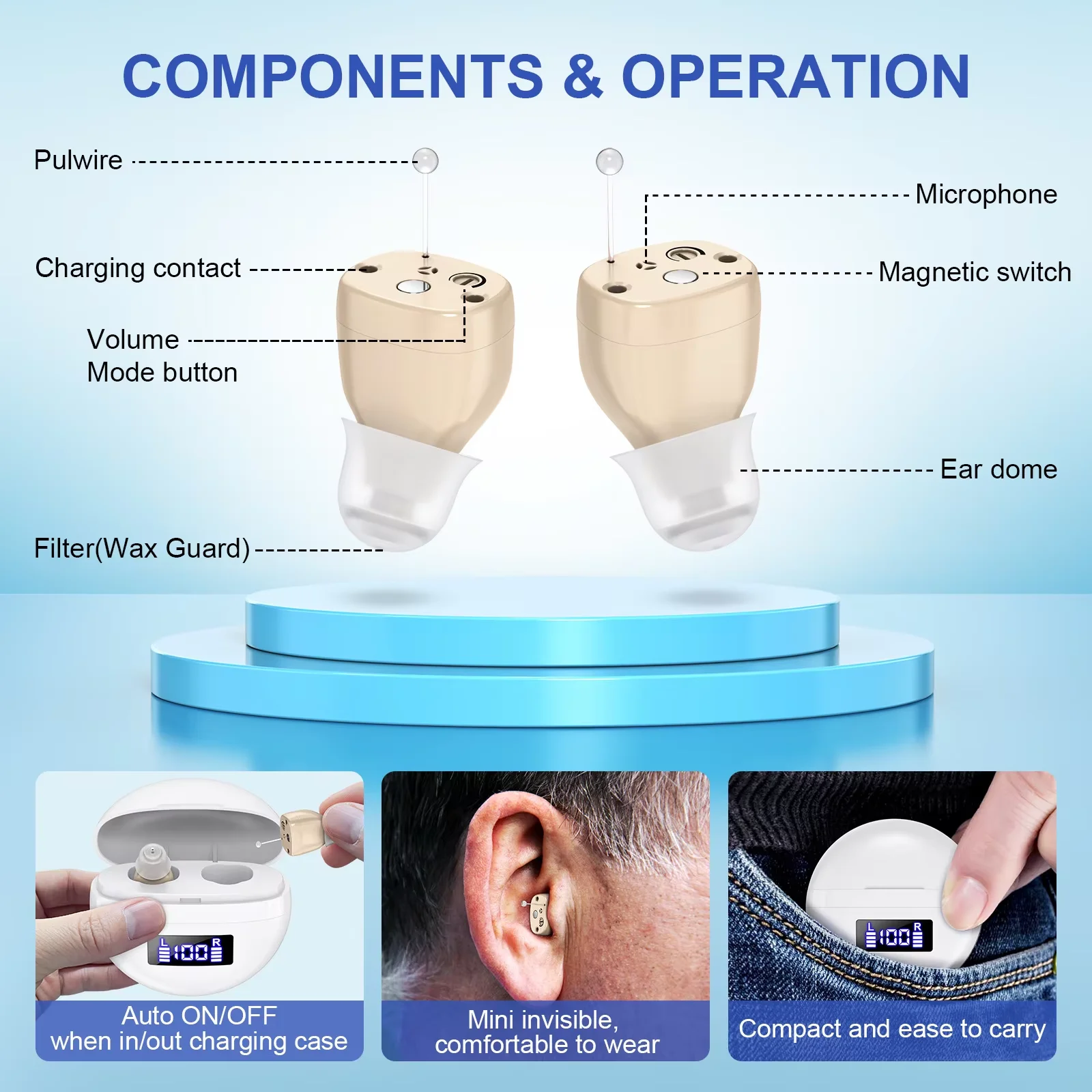 Mini In Ear Earphones Rechargeable Intelligent Noise Reduction Digital Display Screen Long Range Sound Amplifier for Elderly Use