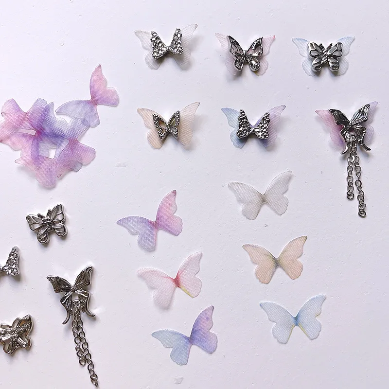20PCS Organza ผีเสื้อเล็บ Charms Gauze อุปกรณ์เสริมสําหรับตกแต่งเล็บเล็บ DIY ตกแต่งออกแบบอุปกรณ์วัสดุ