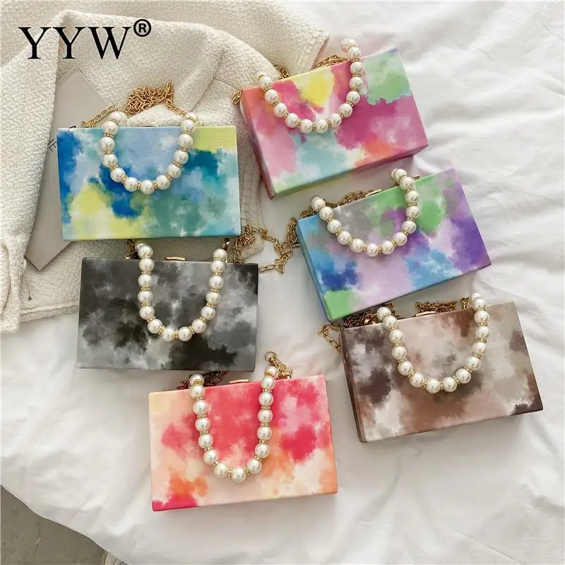 Fashion Colorful Ink Painting Women Clutch Handbag Mini Big Pearl Top Handle Soft PU Leather Messenger Purse Crossbody Chain Bag