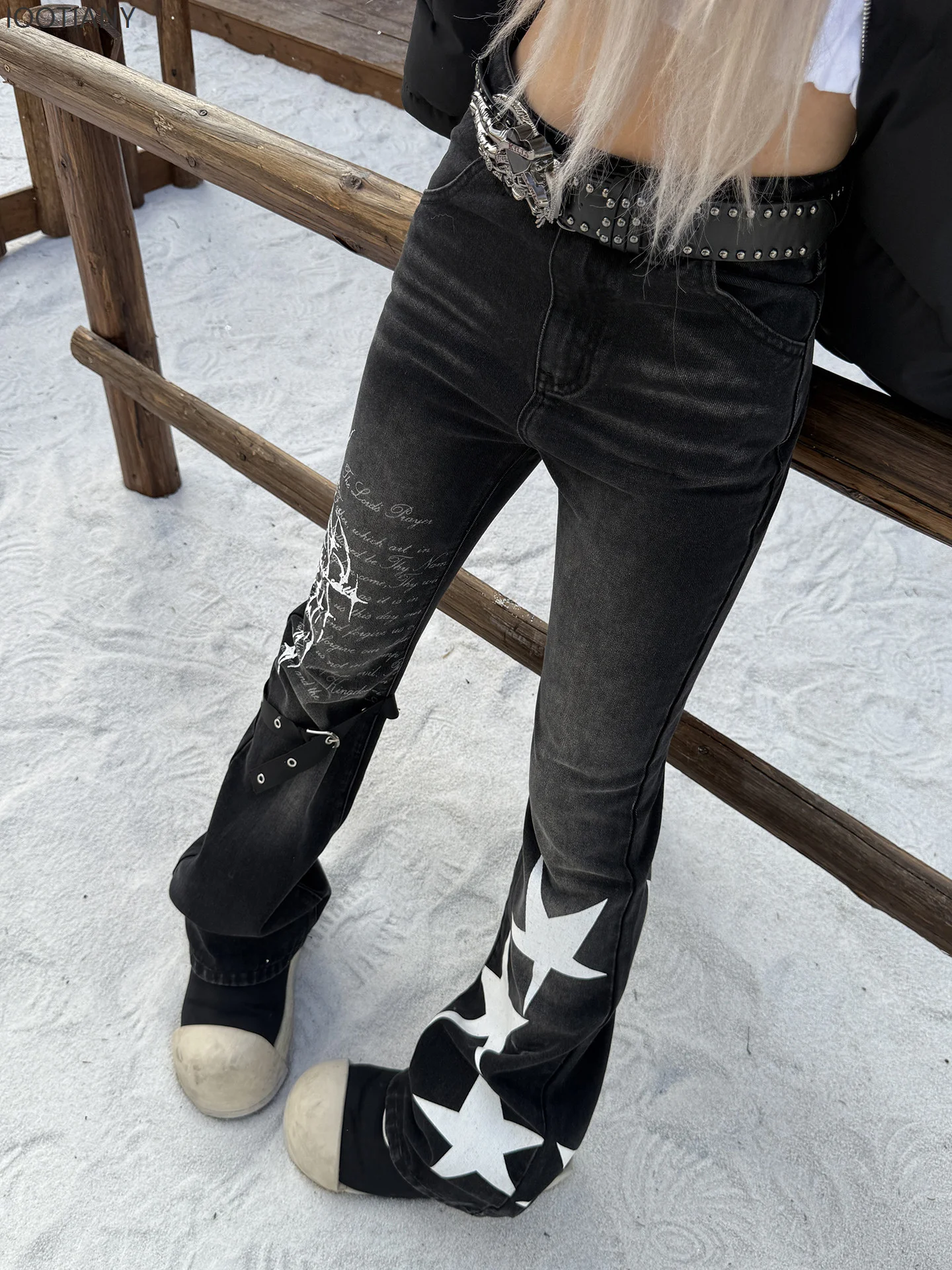 

Y2k Slim Fit Bootcut Jeans Trousers Women Harajuku Washed Distressed Flare Jeans Gothic Star Graphic Print Low Rise Denim Pants