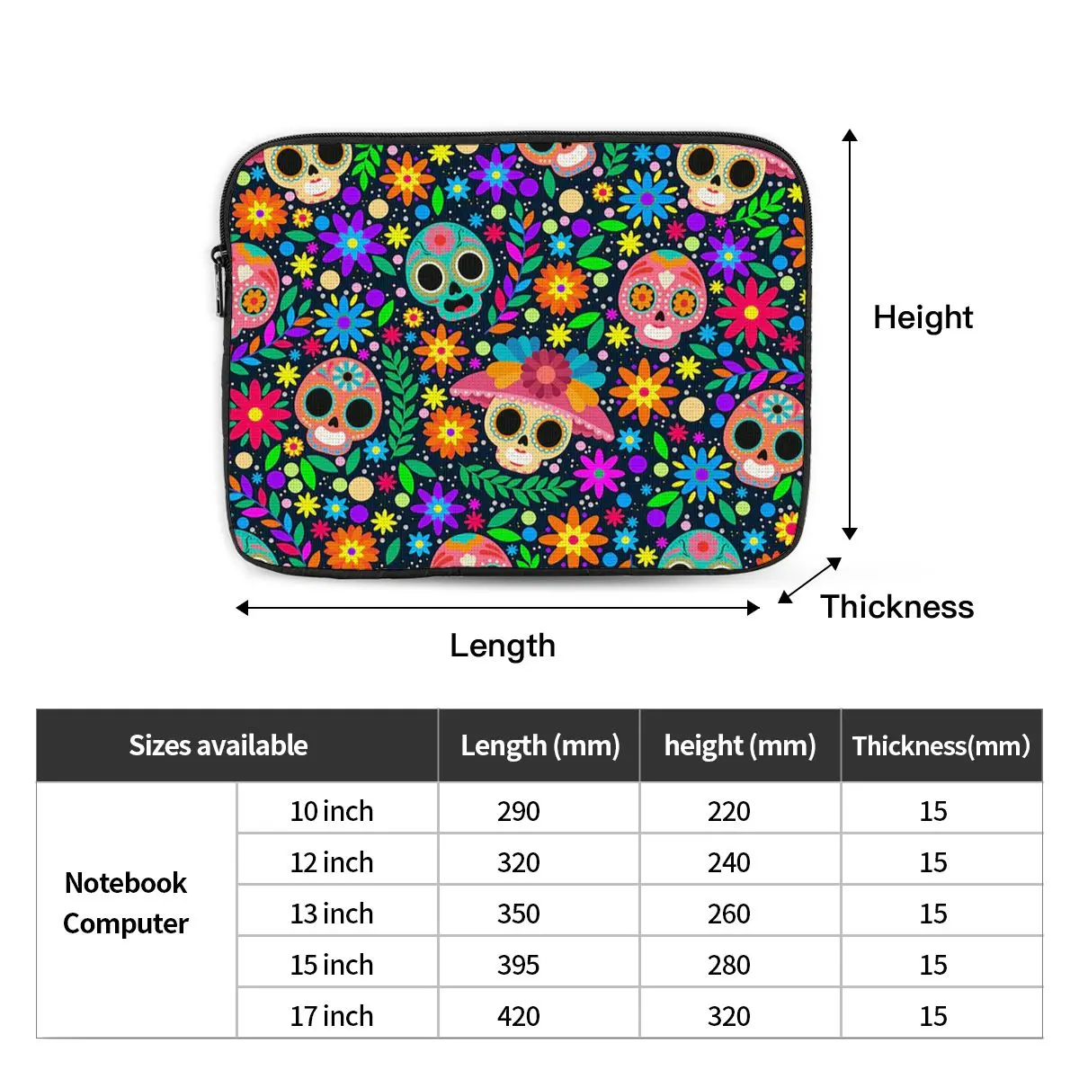 Sugar Skull Mexican Flower Halloween Day Of The Dead  Case Pouch For Macbook Air Pro Tablet Shockproof Case Bag