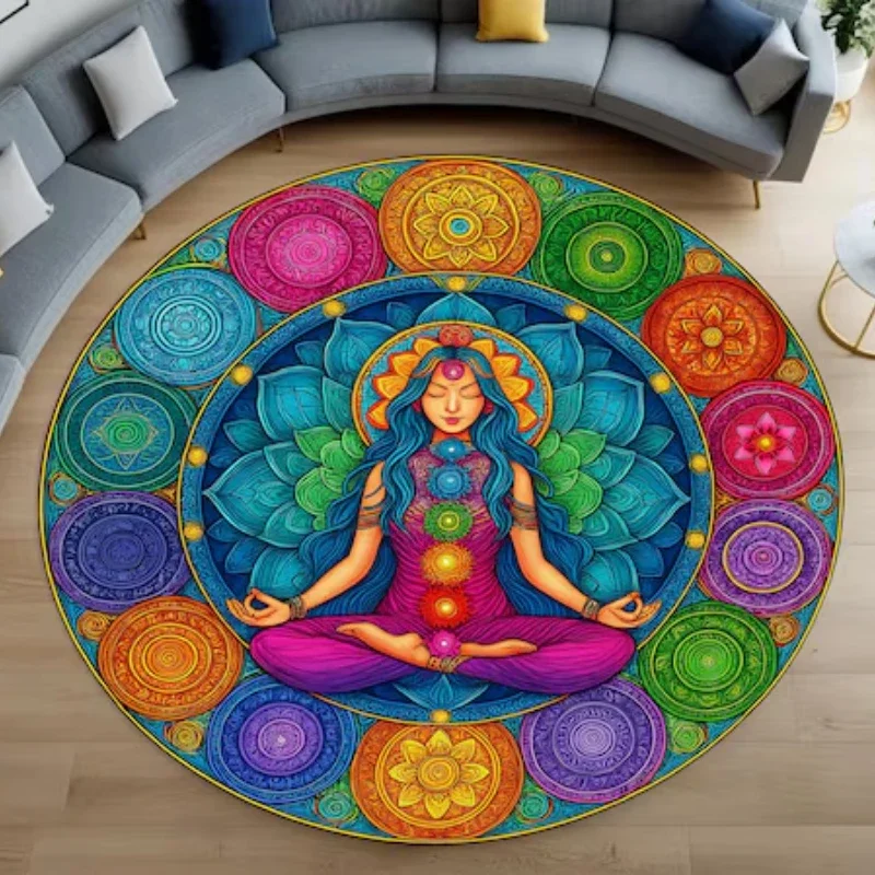 Creative Meditation Yoga Round Rug Anti-Slip Rug for Living Room Sofa Decor Bedroom Rug Exercise The Reading Area Floor Mat