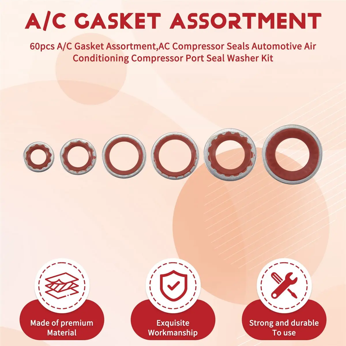 #62U (Red)60pcs A/C Gasket Assortment,AC Compressor Seals Automotive,DIY & Tools