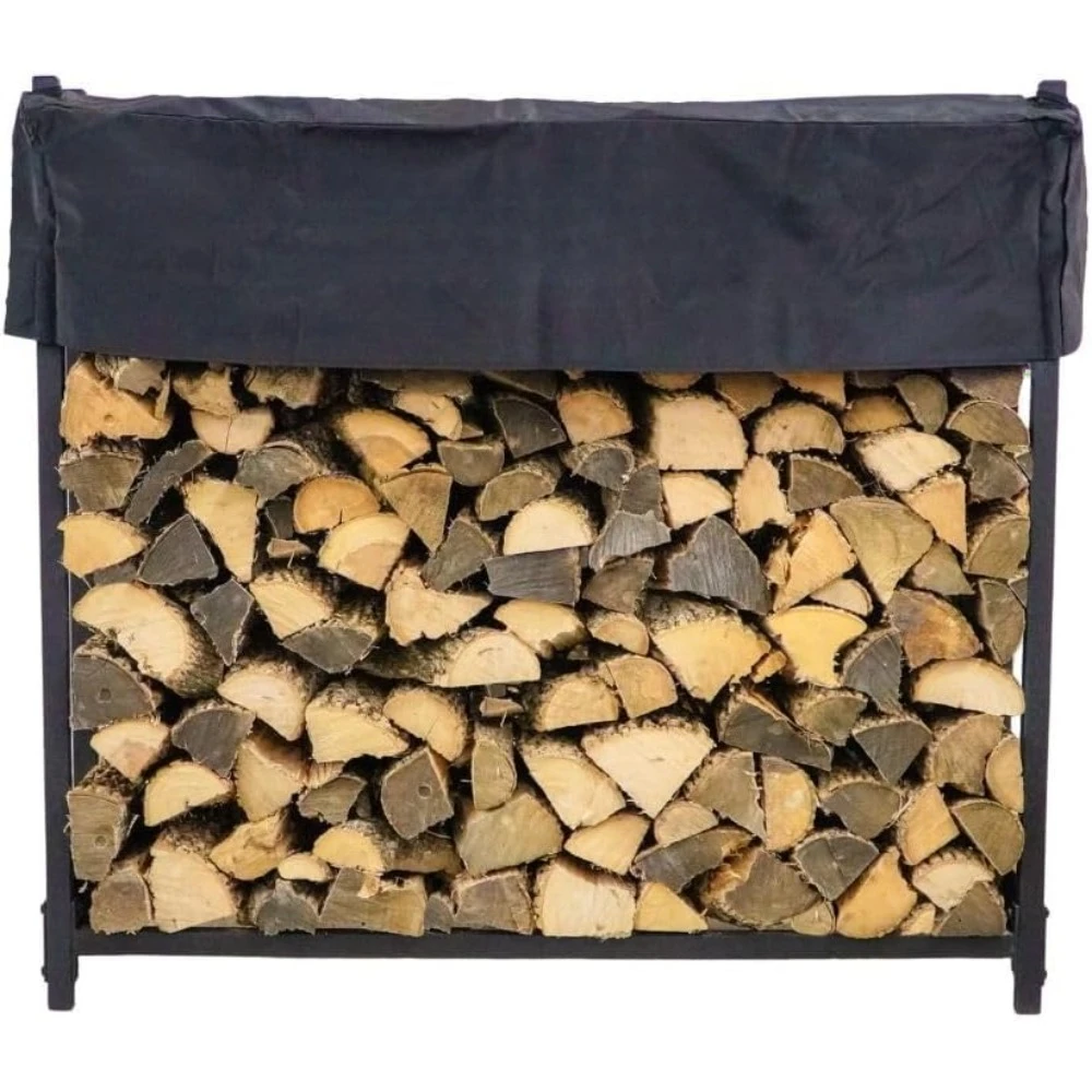 4' Firewood Rack with Cover - Black - Steel Outdoor Log Holder With Cover - Made In The USA , Powder Coat Finish