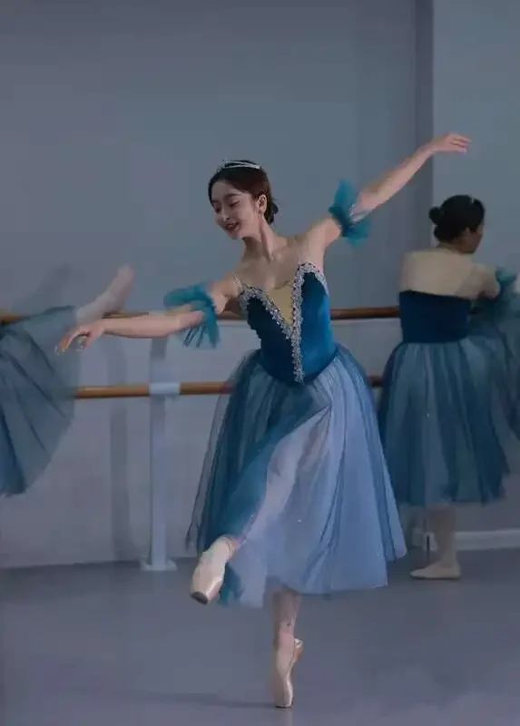 전문 발레 스커트, 성인 대회 댄스 의상, 네이비 블루 어린이 거즈 긴 푹신한 스커트, 발레