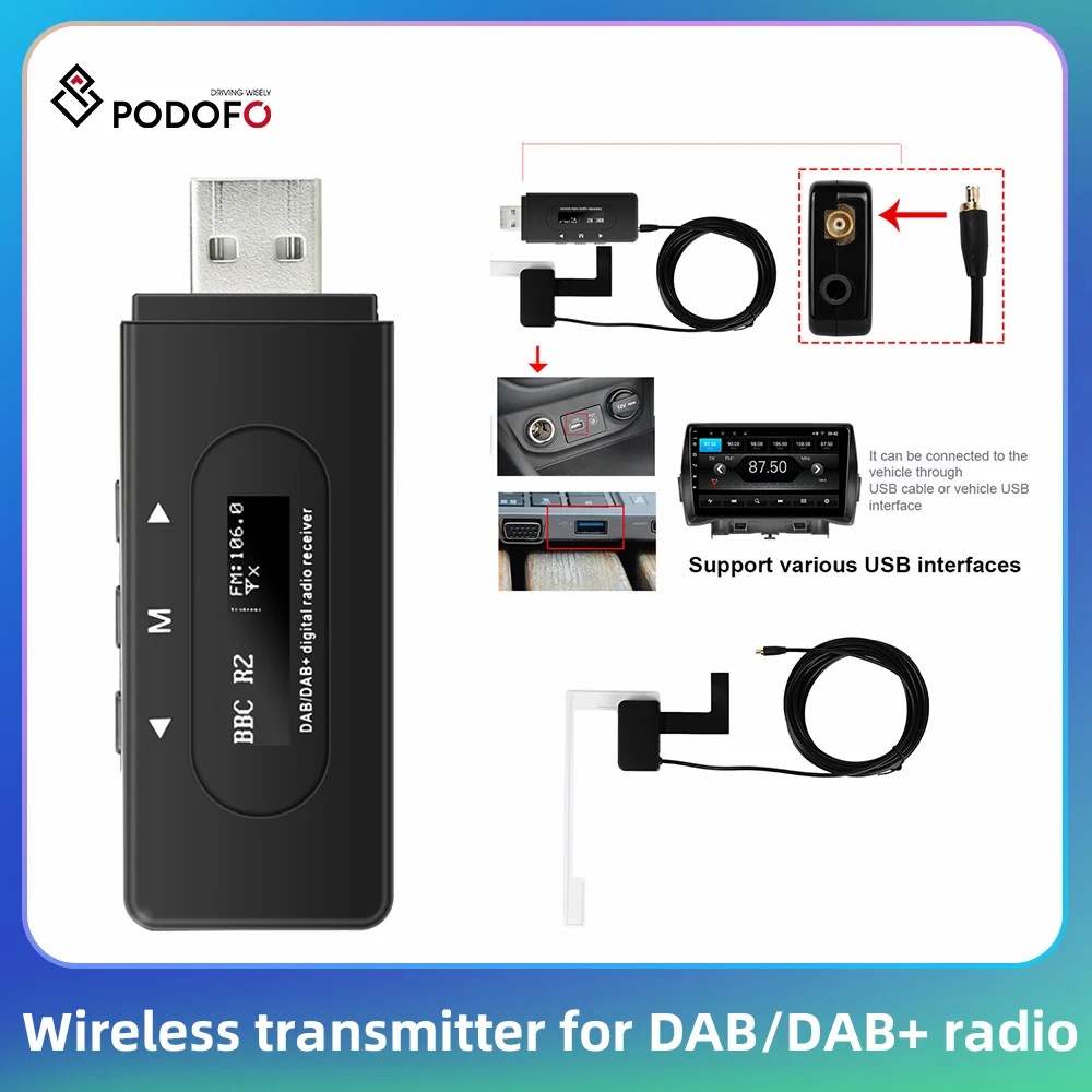 Podofo DAB + Universal FM Audio Forwarding DAB Receiver For Android Car Radio GPS Stereo Support ETSI TS102 563 DAB+ Standard