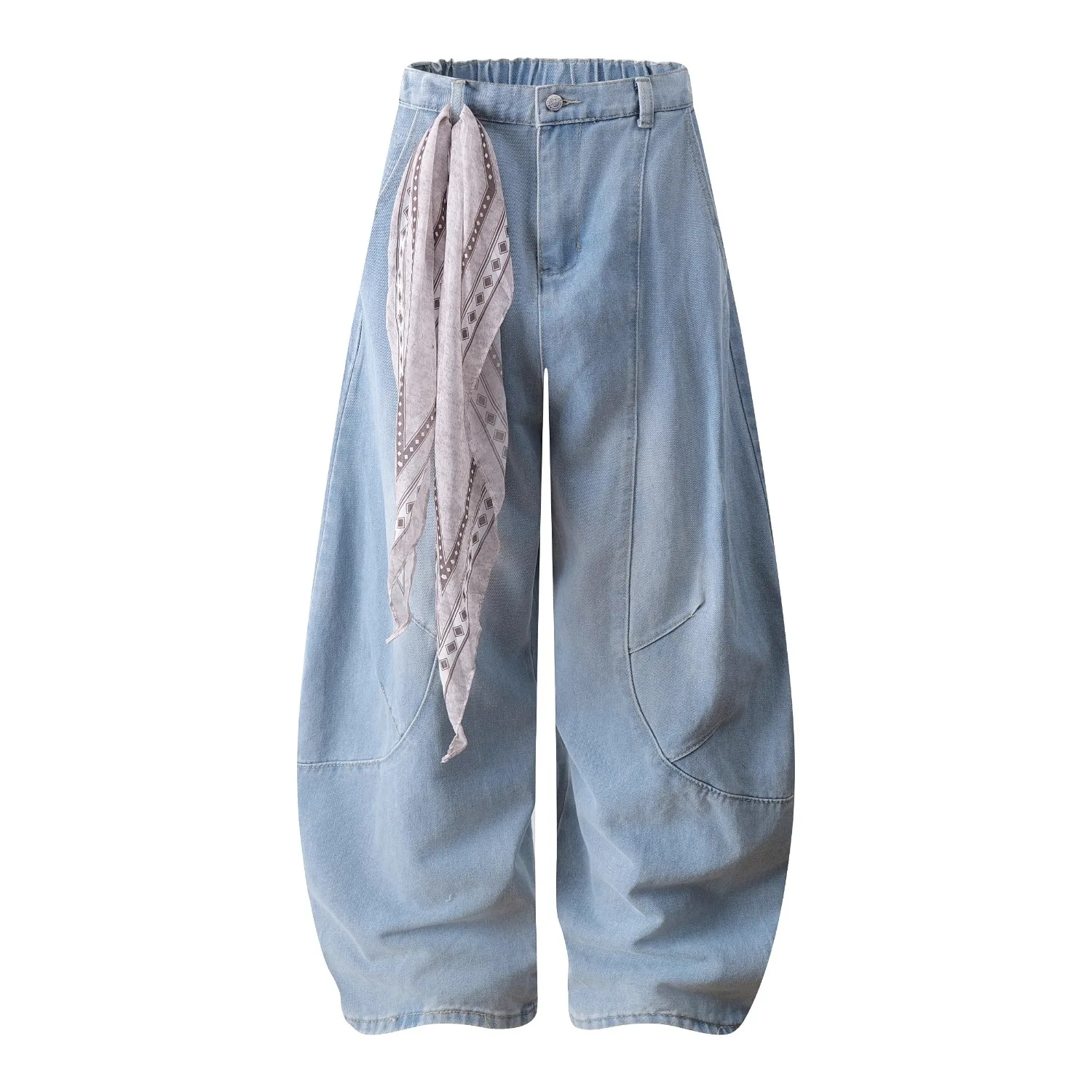

Y2K Women Wide Leg Jeans American Antique Scarf Design Curved Knife Cut Jazz Dance Trousers
