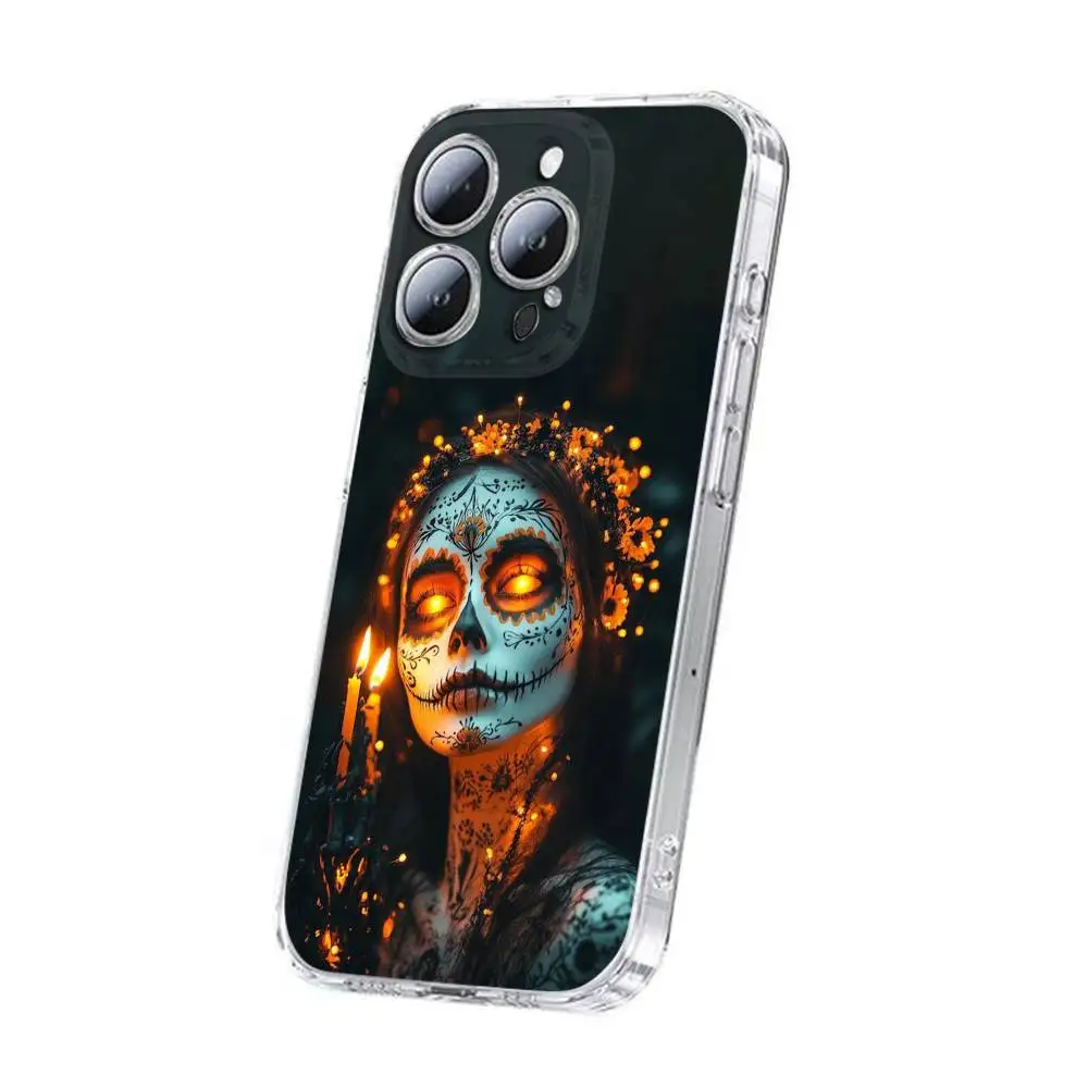 حافظة هاتف Skull Girl Catrina Day of the Dead Mexico لهاتف iPhone 17,16,15,14,13,12,11,Plus,Pro,Max,Plus,E,Air,Mini Transparent