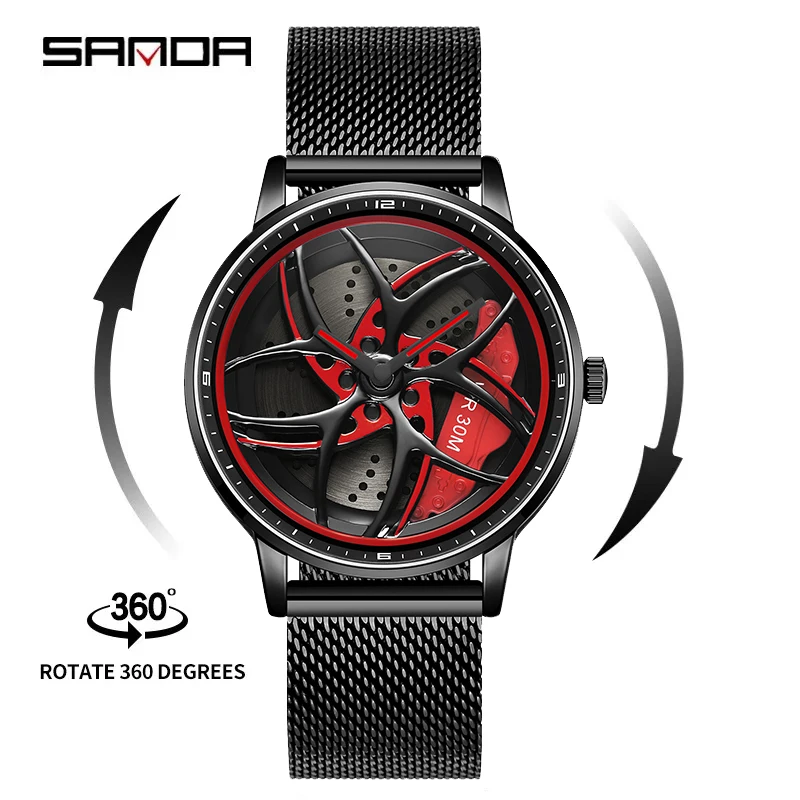 SANDA P1091 Original 3D Car Rim Man Watch Super Wheel Watches Quartz Movement Waterproof Stainless Steel Men Sports Wristwatch