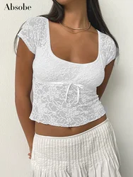 Absobe Sheer Lace Ribbon Stitching Crop Tee Women Top Square Neck Short Sleeve Versatile Slim Casual T-shirt Hottie Streetwear