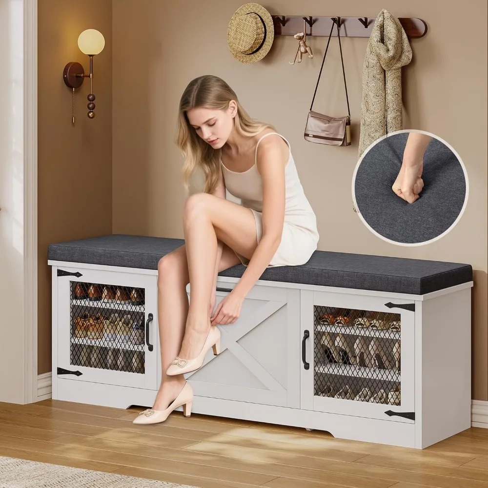 Rustic Storage Bench with Lift-Top Drawers and Cushioned Seat, Semi-Concealed Shoe Rack Organizer, Versatile Adjustable Shelf Sh