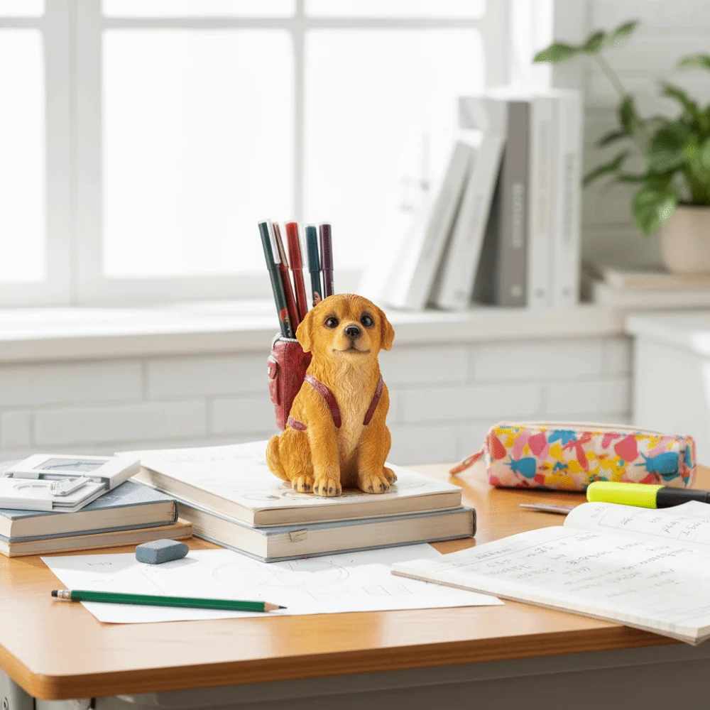 Cute Design Golden Retriever Dog Pen Holder Creative Sculpture Resin Craft Pen Holder Multi Functional Large Capacity Pencil Cup