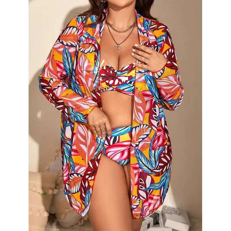 

Large Size Split Swimsuit Women's Printed Bikini Three Piece Set Sexy Gathering Long Sleeved Cover Shirt Bikini Women Casual Y2k
