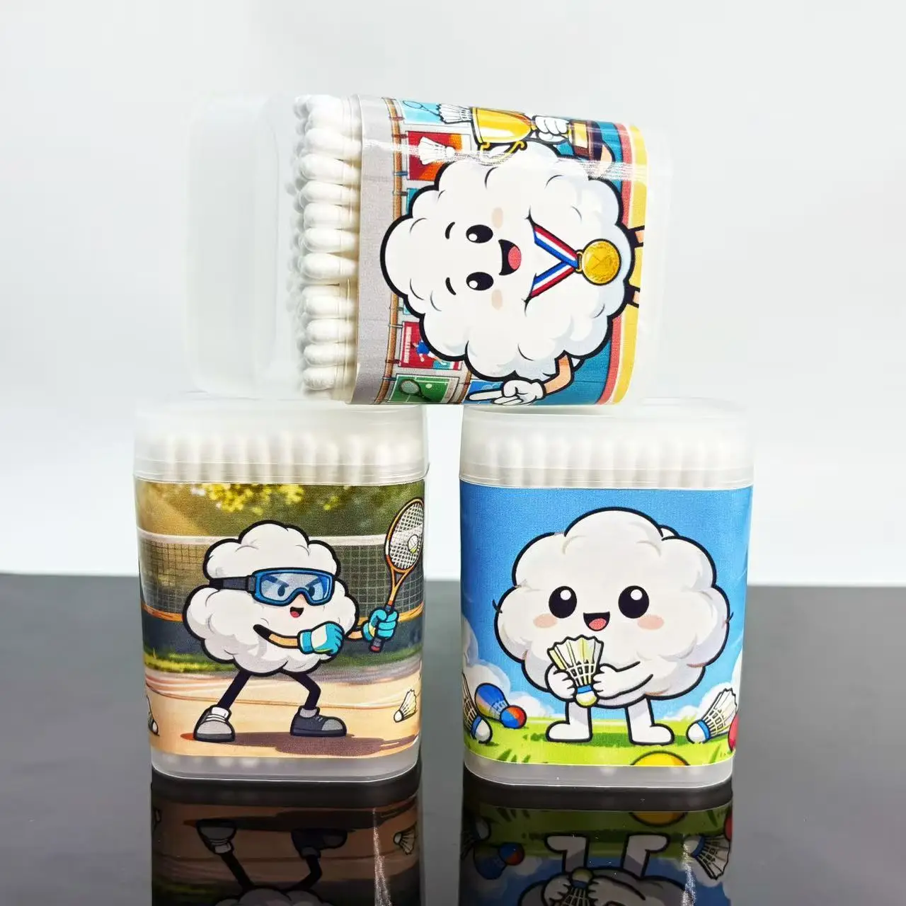 300 Uds hisopos de algodón blancos de doble punta con temática de bádminton, cuchara redonda creativa elemento deportivo de bádminton bastoncillos de hisopo de algodón