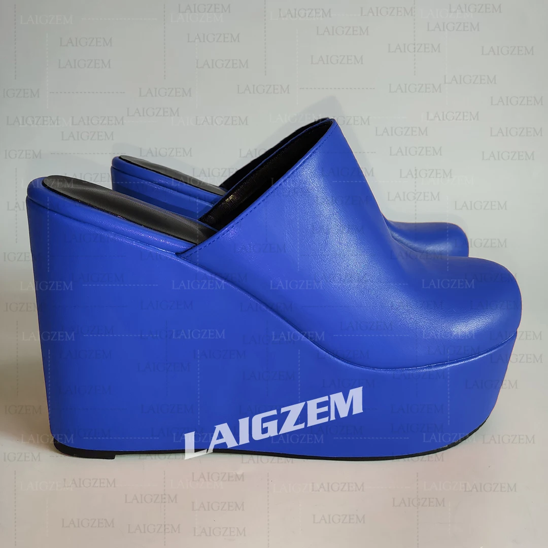 

LAIGZEM Women Pumps Platform Wedges Faux Leather Round Toe High Heels Slip On Ladies Shoes Woman Large Size 39 41 42 45 48